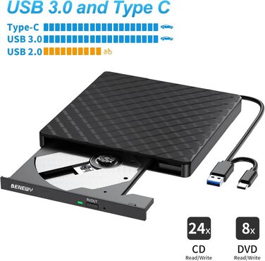 Зовнішній DVD CD привід BENEWY USB 3.0 та Type-C, портативний DVD-плеєр та записувач +/-RW для ноутбука, ПК, MacBook (Windows, Linux, Mac), чорний