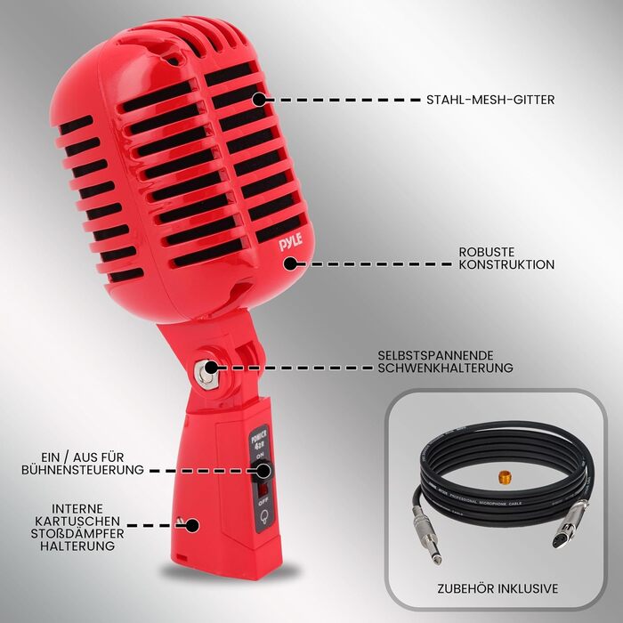 Динамічний мікрофон Pyle Vintage Style з XLR-кабелем 4.88м для живих виступів та студійних записів, червоний