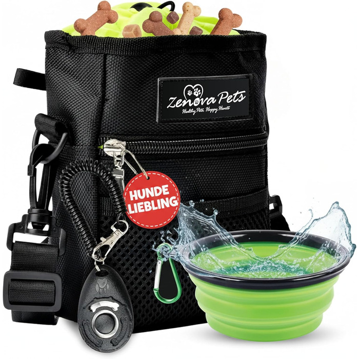 Сумка для ласощів для собак велика, з мискою, кликером, диспенсером для відходів та кишенькою для телефону, 3 способи носіння, ідеальна сумка для дресирування собак
