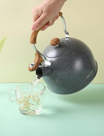 Чайник BELANKO 2,5 л з свистком, нержавіюча сталь, з дерев'ястим декором, складаний ручка, для чаю, кави, молока – блакитний (сірий)