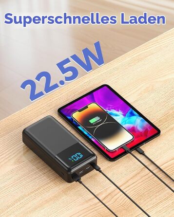 Повербанк Power Bank 60000mAh з швидкою зарядкою 22.5W, зовнішній акумулятор USB-C, 4 виходи та 2 входи, LED-дисплей, чорний