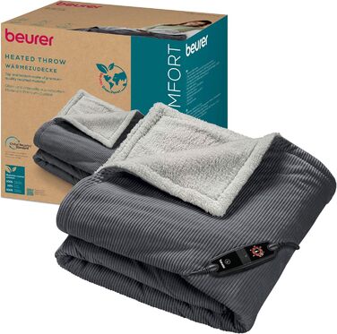 Електрична ковдра Beurer HD 75 з перероблених матеріалів, 180x130 см, 6 температурних режимів, автоматичне вимкнення, Cord Dark Grey