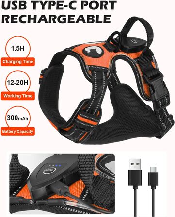 Світловідбиваючий нашийник для собак Joytale з підзарядкою, без натягування, з ручкою, для нічних прогулянок, чорно-синій, M (XL, 1 шт.), помаранчевий