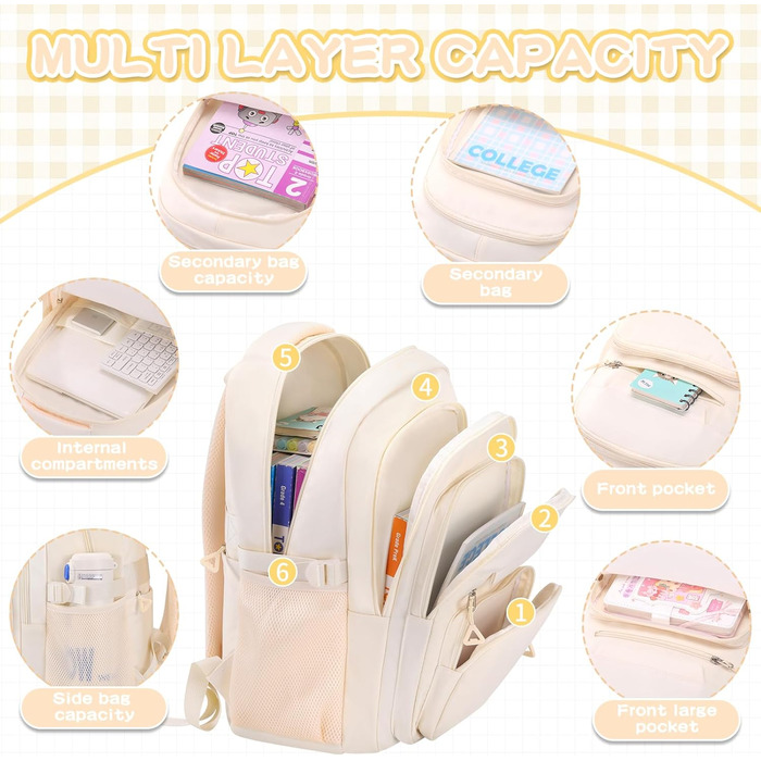 Жіночий рюкзак для школи, коледжу та подорожей, великий, для ноутбука, бежевий