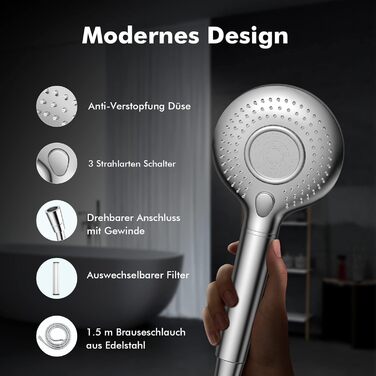 Showerhead with Filter MEKO High-Pressure Hand Shower with 15-Layer Filtration, 1.5M Hose, 3 Spray Patterns, Water-Saving Showerhead for Removing Hard Water, Residual Chlorine, Bacteria, and Heavy Metals