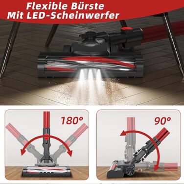 Yikko 3-в-1, пилосос 60KPa з потужним кабелем, електрична підміталка з гнучким шлангом, пилосос з LED-підсвічуванням, ідеально підходить для килимів/підлоги/волосся (Червоний-60)