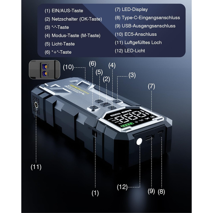 Powerbank Starthilfe 7000A з компресором та LED-ліхтариком: 160PSI, 12V для бензинових та дизельних авто