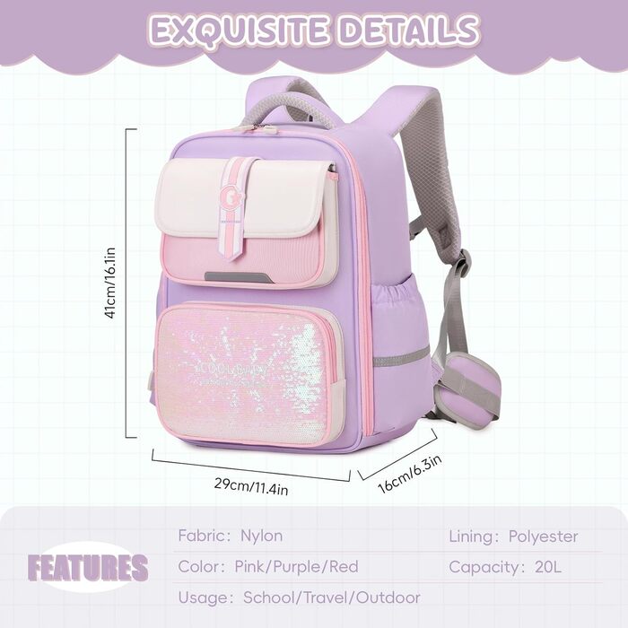 Дитячий рюкзак для школи (1-4 клас) з нагрудним ременем, для дітей 6-10 років, з відбиваючими елементами, фіолетовий