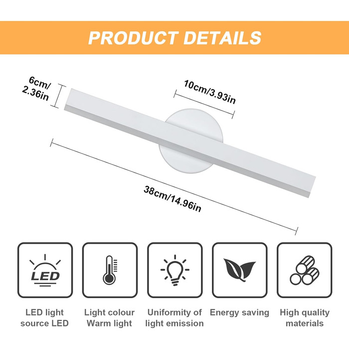 LED дзеркальна лампа Riserva 12W для ванної кімнати, поворотна 300°, 38 см, 3000K, чорний колір