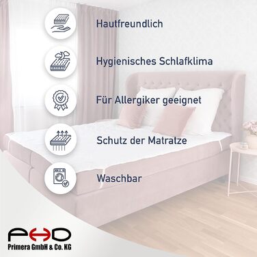 PHD Primera Mattress Protector 200x200 cm - Washable at 60°C and recommended for allergy sufferers for more hygiene in bed. Mattress pad and mattress protector for mattress, box spring bed, and topper for 200 x 200 White