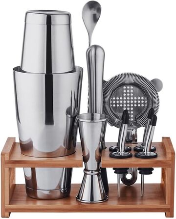 Набір для коктейлів 10 предметів з нержавіючої сталі: шейкер, міксер, дерев'яна підставка, аксесуари бармена (мірний стакан, ложка, наливка) для приготування напоїв вдома, барі, на вечірці