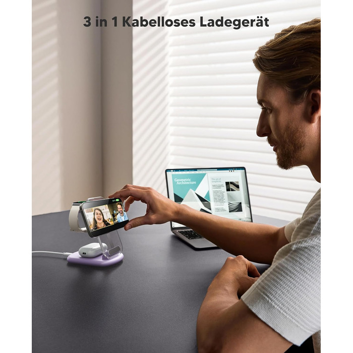 Зарядний пристрій MagSafe 3-в-1 для Apple Watch та iPhone: фіолетовий колір. Підходить для iPhone 17, 16, 15, 14, 13, 12 Pro Max/Air/Plus/Pro та Apple Watch 10/9, Airpods 3/2/Pro