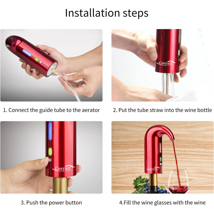 Cosyall Electric Wine Decanter, Electric Wine Aerator, One-Button Automatic Wine Dispenser, Rapid Oxygen Enrichment for Red Wine, Wine Enhancer for Family Gatherings Gift (red)