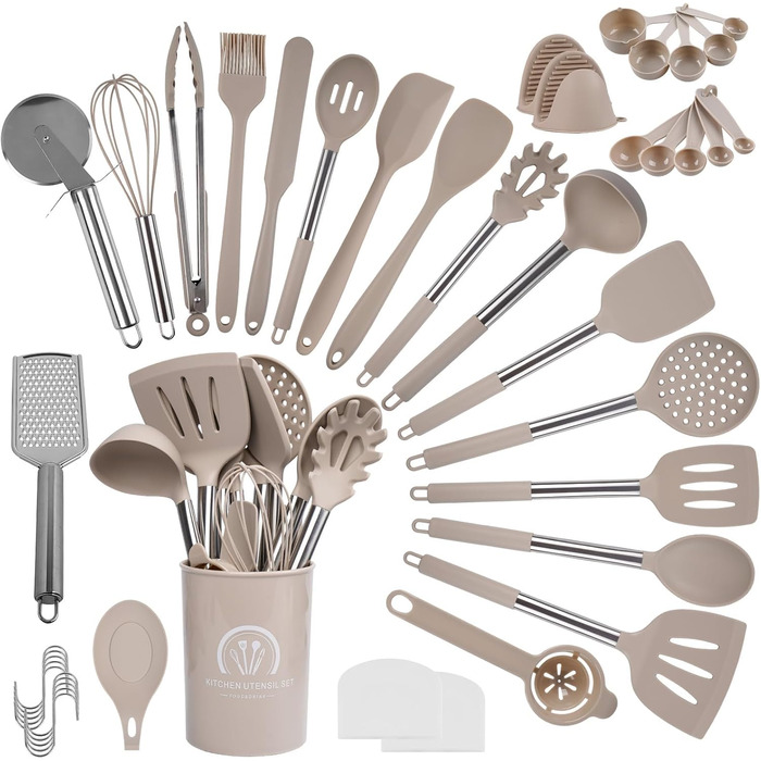 Набір кухонних помічників Silikon, 45 предметів: лопатки, ложки, пензлі та аксесуари для кухні з тримачем та S-гачками, термостійкий, придатний для миття в посудомийній машині, хакі
