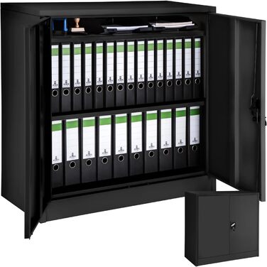 Металевий офісний шафа Tectake з замком, 3 полиці, 90x40x90 см, чорний