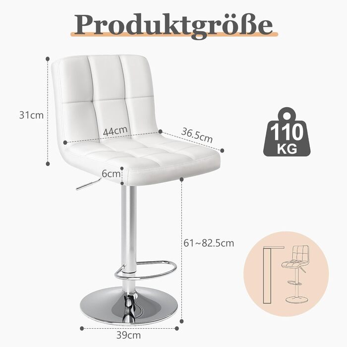 DUMOS 2-Piece Adjustable Bar Stool Set - Modern Style Metal Bar Stools for Kitchen, Bar, and Living Room (White)