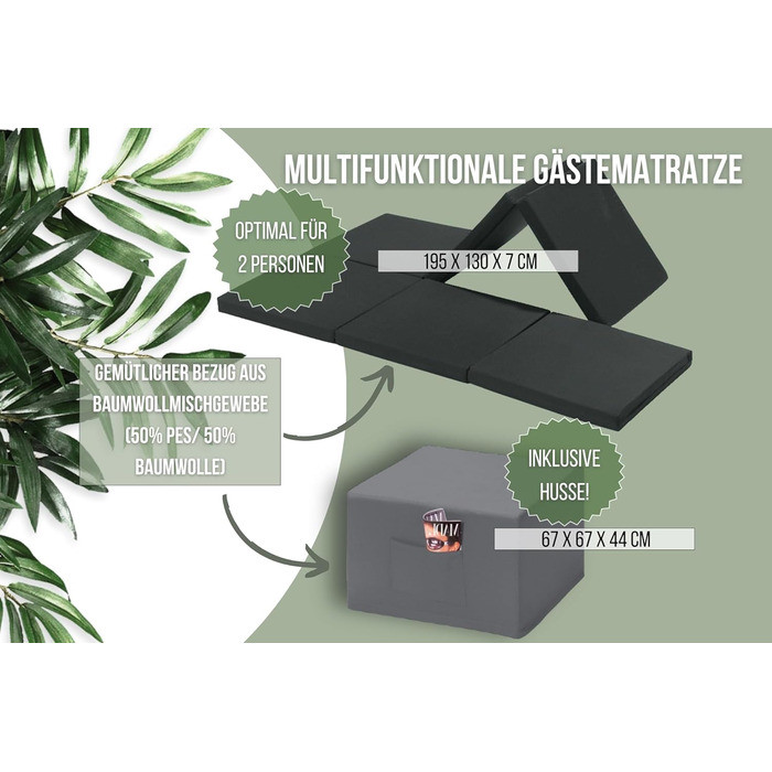 Складаний гостьовий матрац Badenia Trendline XXL, поліестер, 196x65x15,5 см, комфортна висота 15 см, плюшевий чохол, сертифікат OEKO-TEX, чорний, для двох, німецька якість