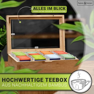 Paulson & Svenson® Sustainable Tea Box with 8 Compartments - Tea Bag Storage Made of Certified Bamboo Wood with Airtight Magnetic Closure and Viewing Window