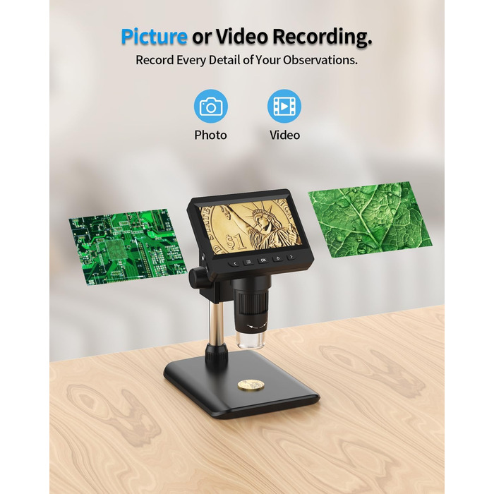 Цифровий мікроскоп AOPICK з LCD екраном, 50X-500X, 4.3 дюйма, 1080P, USB, 8 LED, для дорослих/дітей, сумісний з MacOS/Windows (чорний)