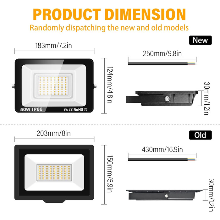 RIGIDON 2x 75W LED Floodlights Outdoor, 7500LM Outdoor Floodlight, 3000K Warm White IP66 Waterproof LED Floodlight, Outdoor Lamp for Garden, Courtyards, Garage, Hotel, Sports Field, Workshop (2 x 50W)