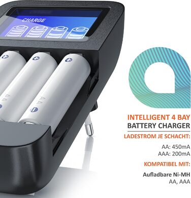 Зарядний пристрій CSL для акумуляторів AA/AAA NiMH з LCD-дисплеєм, 4 слоти, чорний