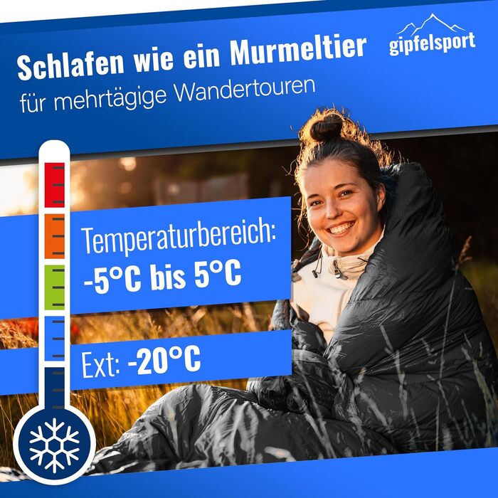 Сплячий мішок Gipfelsport Ultraleicht 4 сезони [-20°C до 15°C] | Чорний, ультралегкий, для трекінгу, кемпінгу та подорожей