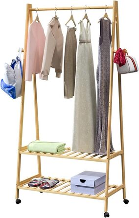 Casaria® Clothes Rack on Wheels Wood Stable Bamboo Clothes Rail Narrow with 4 Hooks 2 Shelves Open Coat Rack 155x70cm Entryway Coat Stand