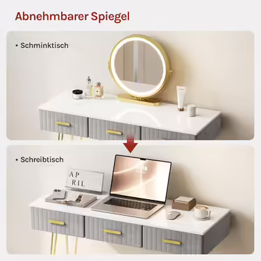 WOLTU Vanity Table with Mirror and Stool, Dressing Table with 3 Drawers Made of Solid Wood, Large High-Gloss Tabletop, Modern Cosmetic Table from Velvet and Metal, White, MB6080gr (Grey, 100x40cm with LED Lighting)