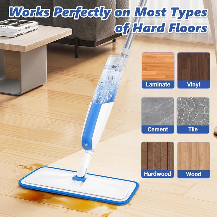 Швабра з розпилювачем MANGOTIME: швабра з розпилювачем, моп, швабра для підлоги з баком для води та 3 насадки для миття більшості поверхонь (біла)