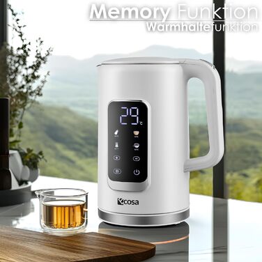 Електричний чайник-заварник зі сталлю, регулювання температури 40-100°C, 1,7 л, 2200 Вт, з підігрівом, LED дисплеєм, без BPA, білий Wanda