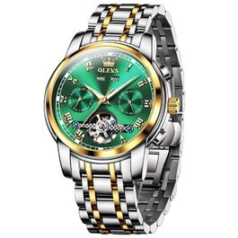 Чоловічий годинник OLEVS 6607 Кварцовий зі спортивним дизайном (диск колеса), водонепроникний, сталь, підсвітка, Зелений/Золотий