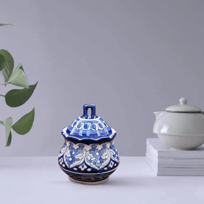 Blue Pottery Sugar Bowl – Hand-formed and painted, ceramic, handcrafted, floral pattern, 6 cm