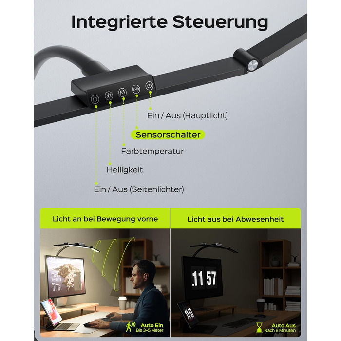 LED лампа настільна Jackyled з 3 регульованими головками, диммер, пульт, для монітора, офісу, майстерні, 5 рівнів яскравості та кольорових температур