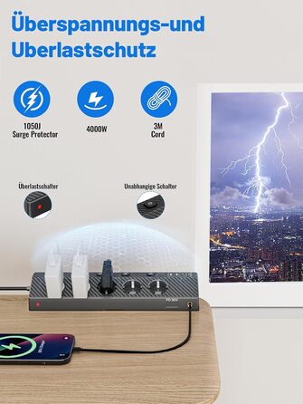 Мережевий адаптер PASSUS з 5 розетками, 2 USB-C (PD 30W), захист від перенапруги, індивідуальне вмикання, 10-в-1, з кабелем 2м, для офісу, чорний