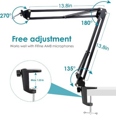 Кріплення для мікрофону FIFINE AM8 - регульована підставка для мікрофону з кабелеутримувачами, сумісна з FIFINE Recording XLR/USB мікрофонами