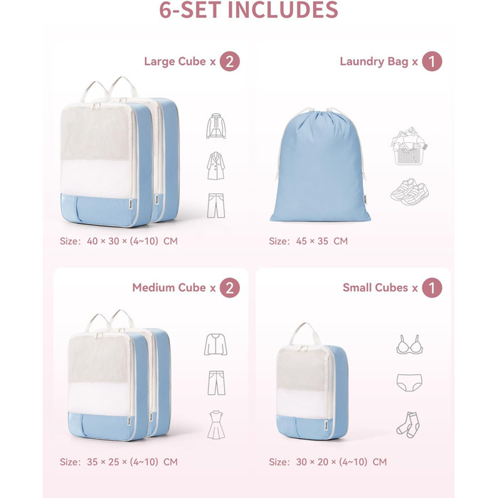 Набір органайзерів для валізи Narwey (6 шт.) з компресією, салатовий