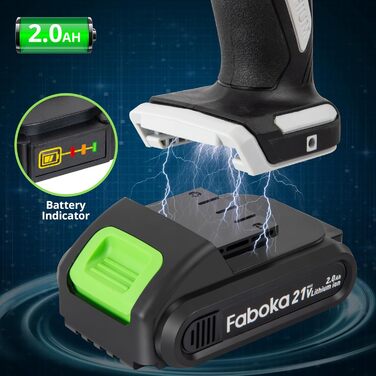 Faboka 21V акумуляторний шуруповерт, комплект з 2 акумуляторами 2.0Ah, 40Nm, 18+1 ступенів, 10мм патрон, регулювання швидкості, LED-підсвічування, для ремонту та DIY