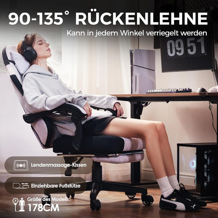 Ігровий крісло Dowinx з тканиною, пружинним сидінням та масажем попереку, з підніжкою для дорослих. Ергономічний ігровий крісло великого розміру, сірий (135 кг)