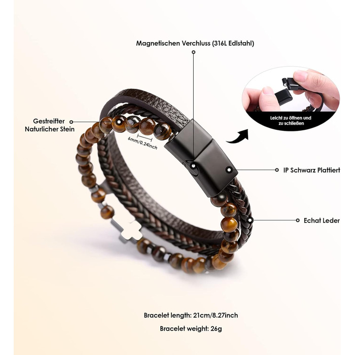 Чоловічий браслет Dochais: нержавіюча сталь, шкіряний ремінець, хрест Ісуса Христа, плетіння з натурального каменю, магнітна застібка, чорний, 21 см