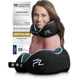 Подушка для шиї FLOWZOOM Comfy - для подорожей літаком та автомобілем. Регульована подушка з піною з пам'яті з підтримкою 360°, м'яка дихаюча обкладинка, транспортна сумка. Колір: сірий (Comfy - чорний)