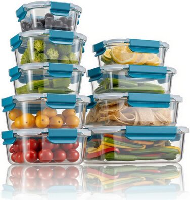 Набір контейнерів для зберігання продуктів Glas, 18 частин (9 контейнерів, 9 кришок), BPA-free, підходить для миття в посудомийній машині, мікрохвильовій печі та морозильній камері, виготовлені з скла, витікання неможливе, колір: бірюзовий