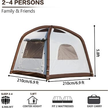 Надувний кемпінговий намет Glamping для 2/4/6/8 осіб 2025: швидкий монтаж, захист від дощу та москітної сітки, коричнево-бежевий