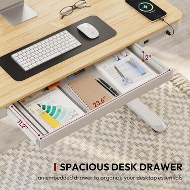 Електричний стіл Sanodesk з регулюванням висоти, ящик, сенсорне керування, USB-порти, 120 x 60 см, білий, 120 x 60 x (73.5-118) см