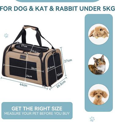 Транспортна переноска для котів та маленьких собак Petsfit, легка сумка-переноска для собак та котів, підходить для подорожей літаком, з ременем безпеки та розширеним килимком, S/Khaki