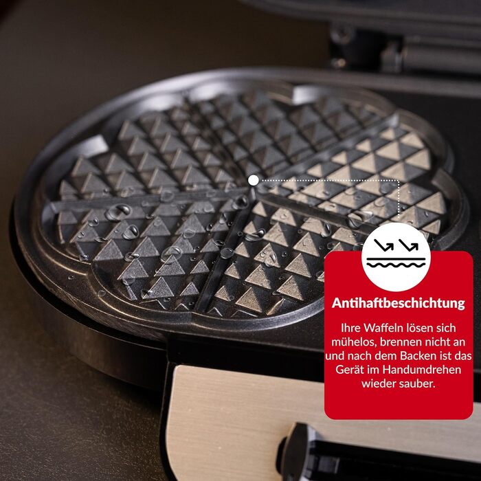 Вафельниця LEHMANN Doppel Waffeleisen Herzform - для випікання 10 вафель у формі серця, з антипригарним покриттям, регулюванням температури, індикатором нагріву, 1200W, чорний/срібний