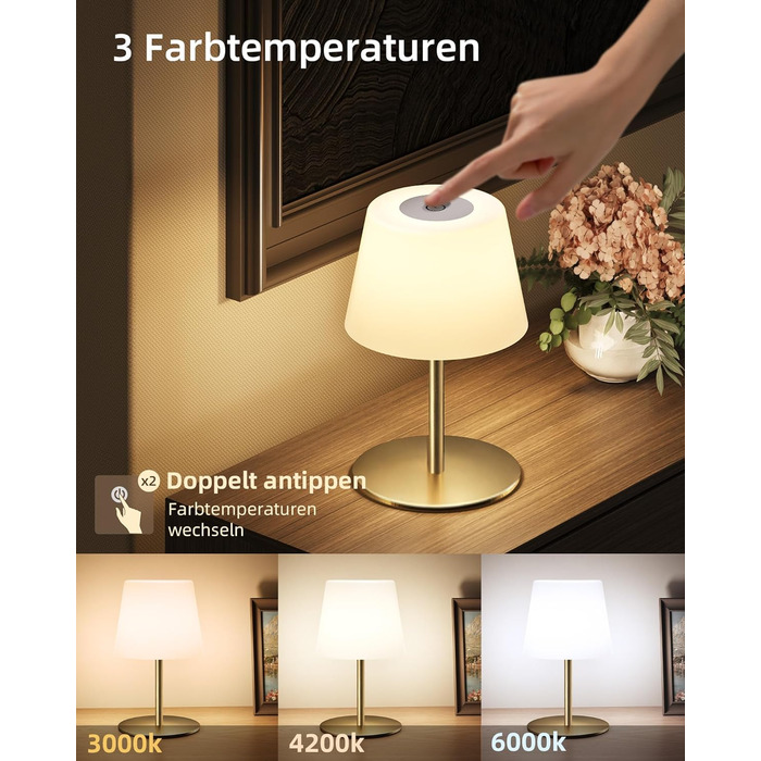 Настільна LED лампа EZVALO бездротова, 2 шт., IP65, 4500mAh, USB-C, диммер сенсорний, 3 режими світла, золота. Лампа для кемпінгу, спальні та столу.