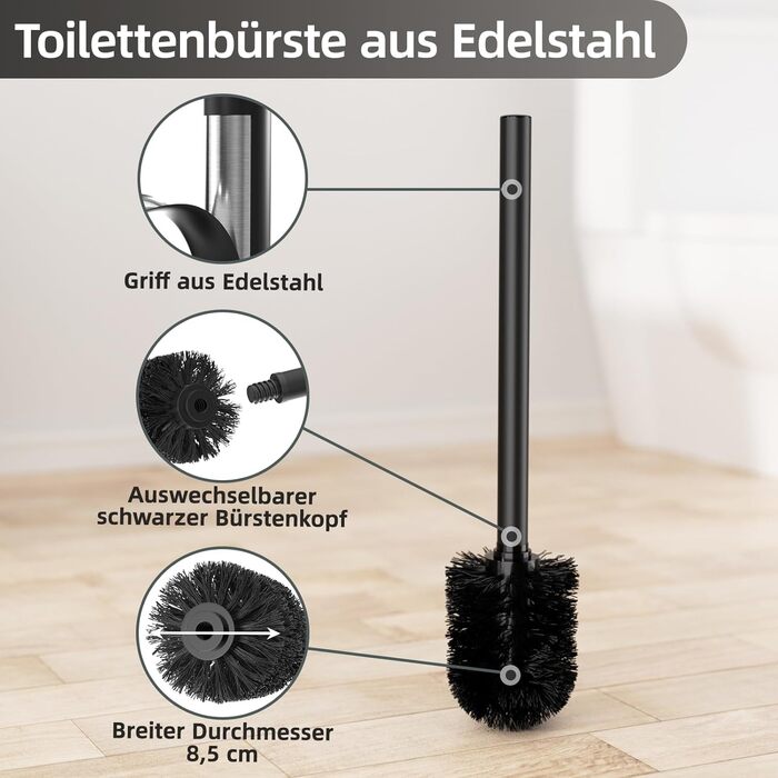 Stainless Steel Toilet Paper Holder with Brush - Standing Toilet Paper Roll Holder & WC Brush Set with Glass Shelf (Matte Black)