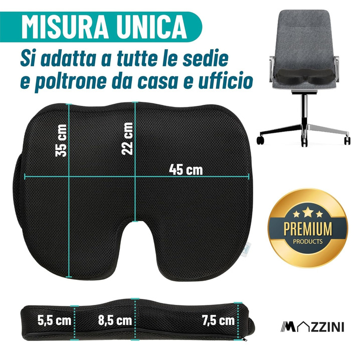 Подушка для попереку MAZZINI з Memory Foam - ергономічна підтримка спини для офісного крісла та авто, антиковзка, знімний чохол, при болях у попереку, для правильної постави