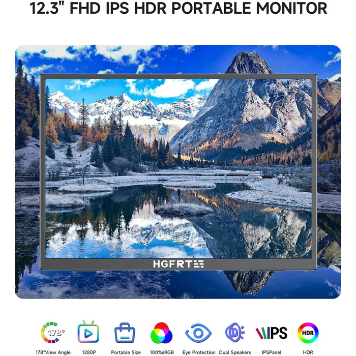 Портативний монітор 12.3 дюйма, FHD 1920x1280, IPS без відблисків, sRGB 100%, 60Hz, динаміки, USB-C, Mini-HDMI, VESA, для Windows/macOS, ігор та роботи (без сенсорного екрану)