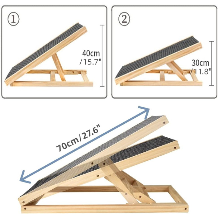 Складана рамка для собак Hunderampe з дерева, 4 секції, регульована висота 30-60 см, для малих та великих собак, для ліжка, софи, авто. Антиковзка, 70 x 35 x 30/40 см